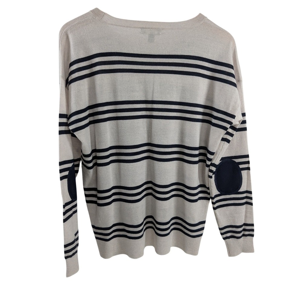 J. Crew Womens 100% Merino Wool Elbow Patch Stripe Sweater sz L Beige Coastal